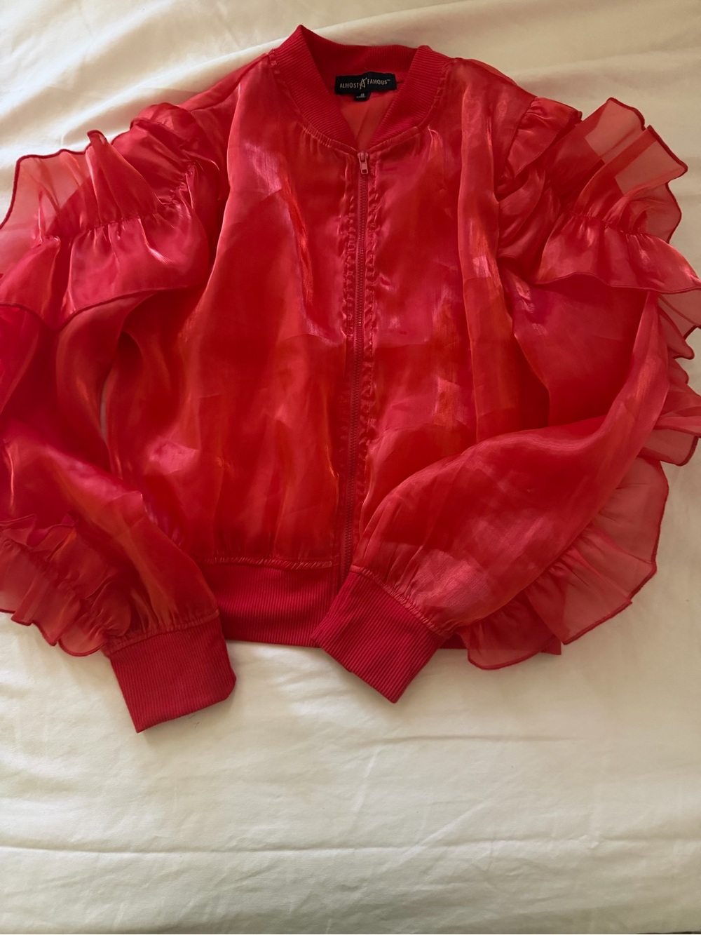 Sheer Ruffle Bomber Jacket - Red - Picture 11 of 12